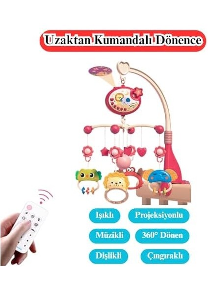 Pilli Işıklı Müzikli Projektörlü Kumandalı Sabitlemeli Dönence Çıngıraklı Dişlikli Bebek Yatıştırıcı Zaman Ayarlı (Kırmızı) modelleri