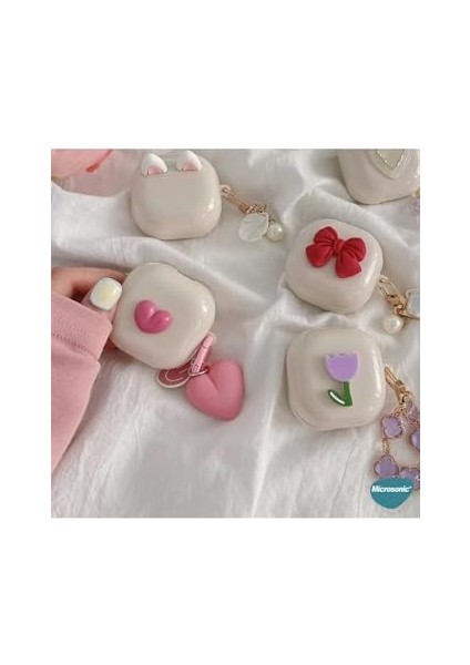 Galaxy Buds 2 ile Uyumlu Kılıf - Bej Kalpli Kapak - Anahtarlıklı, Parlak Şık Koruma fiyatları