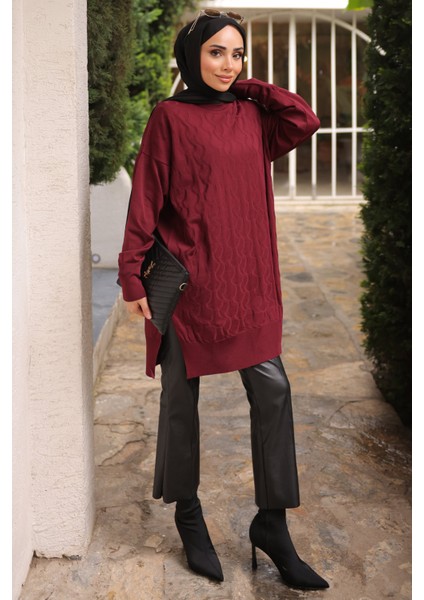 Bordo Bisiklet Yaka Soğuk İplik Triko Tunik