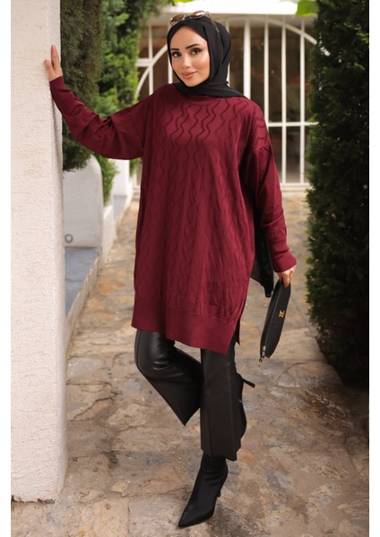 Bordo Bisiklet Yaka Soğuk İplik Triko Tunik modelleri