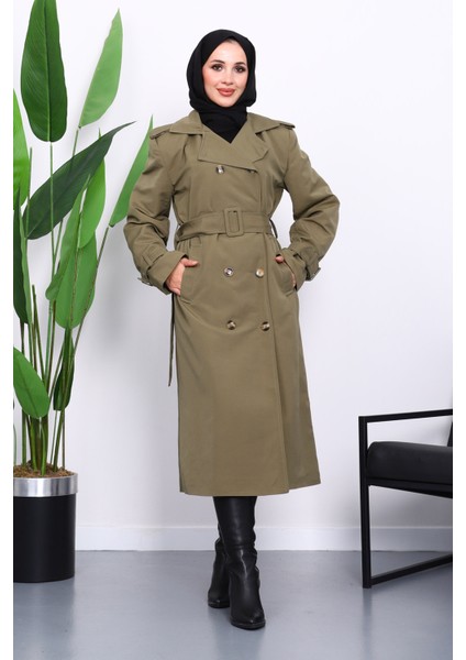Haki Kruvaze Yaka Astarlı Trençkot