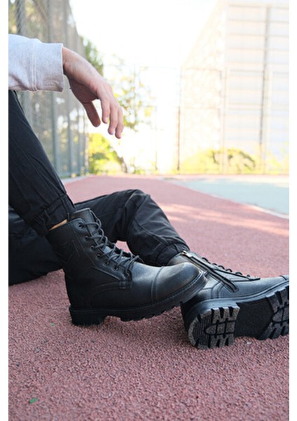 Siyah Cilt Erkek Bot Kışlık Su Geçirmez Malzeme ile Düz Topuk 0012347