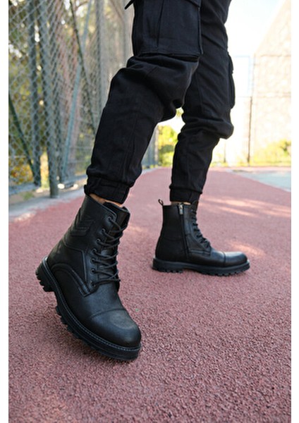 Siyah Cilt Erkek Bot Kışlık Su Geçirmez Malzeme ile Düz Topuk 0012347