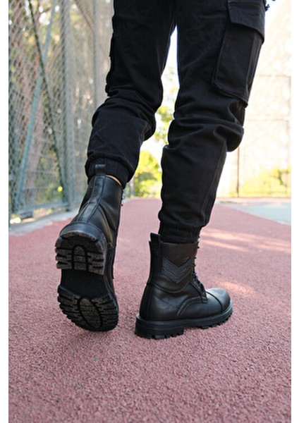 Siyah Cilt Erkek Bot Kışlık Su Geçirmez Malzeme ile Düz Topuk 0012347