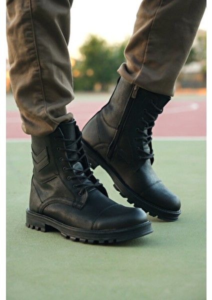 Siyah Cilt Erkek Bot Kışlık Su Geçirmez Malzeme ile Düz Topuk 0012347