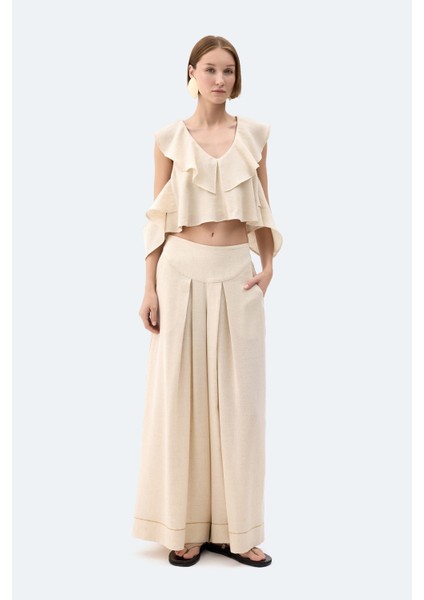 Natürel Keten Fırfırlı Bluz