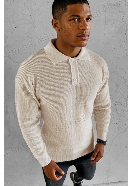 Erkek Ekru Beyaz Polo Yaka Patlı Düğmeli Yakalı Kışlık Triko Kazak fiyatları