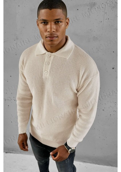 Erkek Ekru Beyaz Polo Yaka Patlı Düğmeli Yakalı Kışlık Triko Kazak modelleri