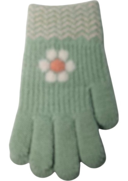 Spteks Kitti 4-8 Yaş Kız Çocuk Mint Renk Çiçek Desenli Kışlık Örme Eldiven modelleri