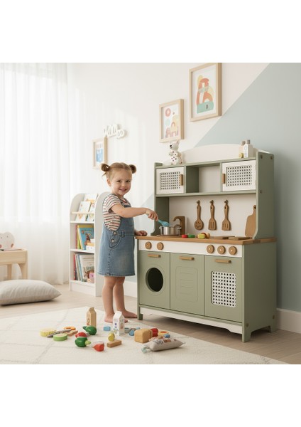 Beyaz Hazeranlı Yeşil Oyuncak Mutfak Seti(Ledli)