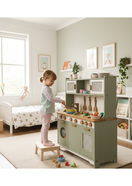 Beyaz Hazeranlı Yeşil Oyuncak Mutfak Seti(Ledli) indirimleri
