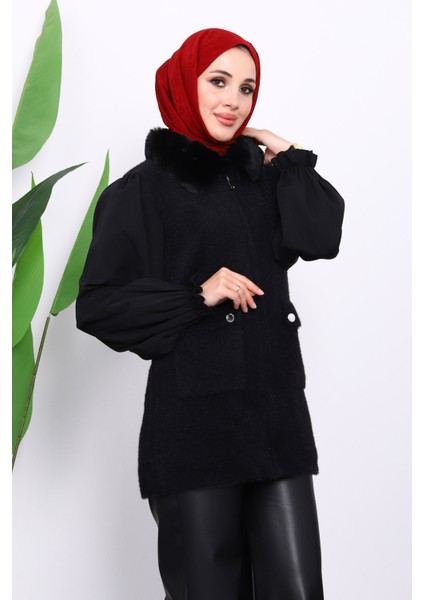 Siyah Yaka Kürklü Cepli Triko Yelek modelleri