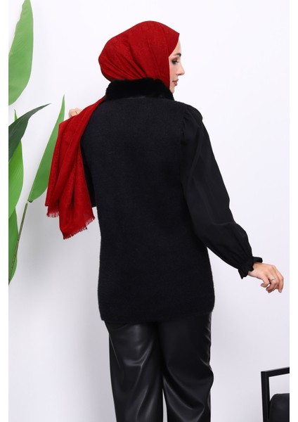 Siyah Yaka Kürklü Cepli Triko Yelek fırsatları