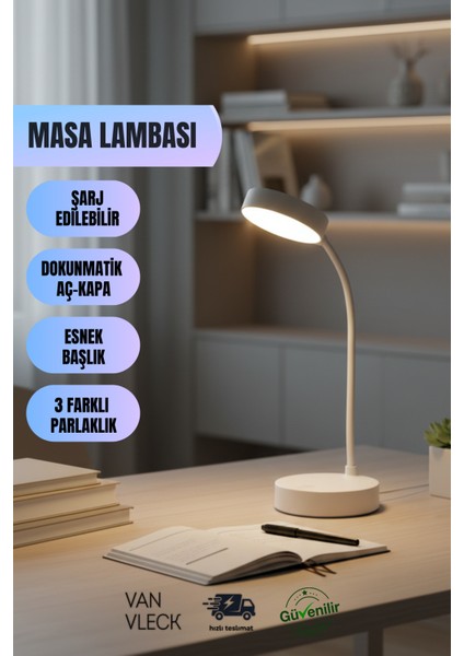 Dokunmatik Şarjlı Masa Lambası – Esnek Başlıklı, 3 Kademeli Parlaklık Ayarlı LED Işık