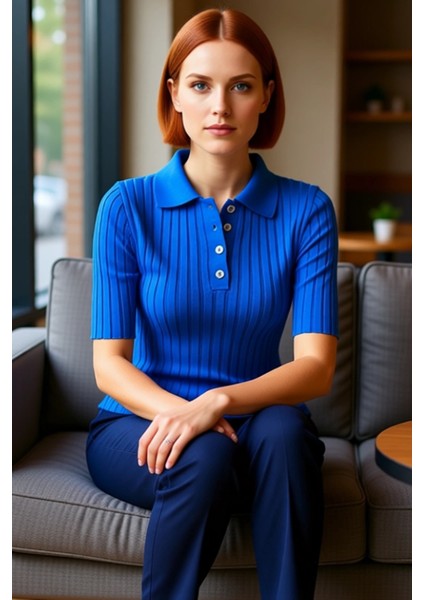 Kadın Triko Fitilli Polo Yaka Kısa Kol Üst Kaliteli Şık Rahat Modern Zarif Günlük