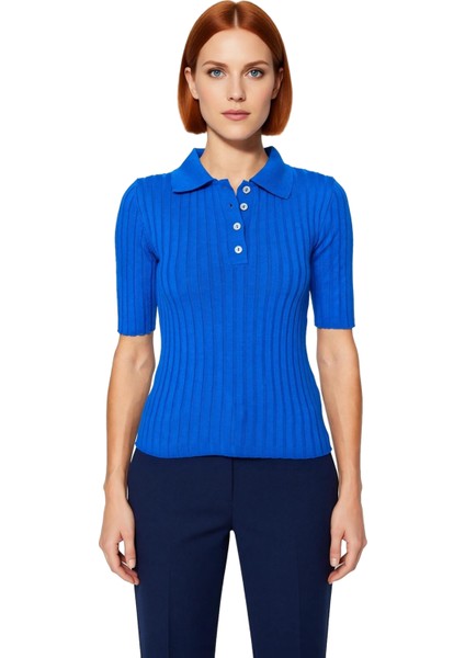 Kadın Triko Fitilli Polo Yaka Kısa Kol Üst Kaliteli Şık Rahat Modern Zarif Günlük fiyatları