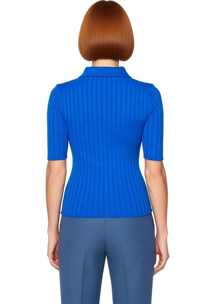 Kadın Triko Fitilli Polo Yaka Kısa Kol Üst Kaliteli Şık Rahat Modern Zarif Günlük modelleri