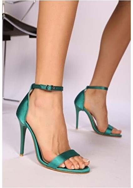 Kadın Zümrüt Yeşili Saten Stiletto Topuklu Ayakkabı Jurdan Tabanlı 10 cm indirimleri