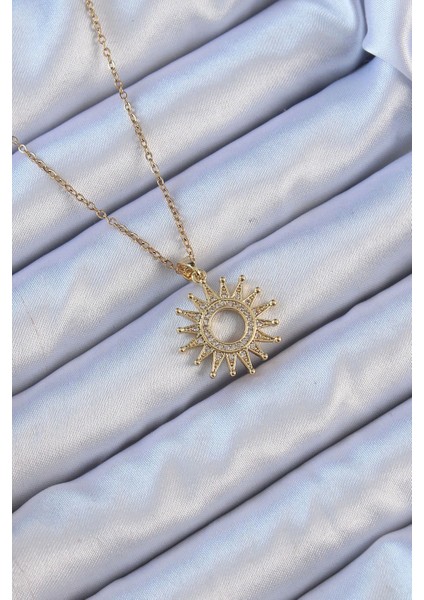 Bfs 316L Çelik Zincir Altın Renk Zirkon Taşlı Parlayan Güneş Kolye