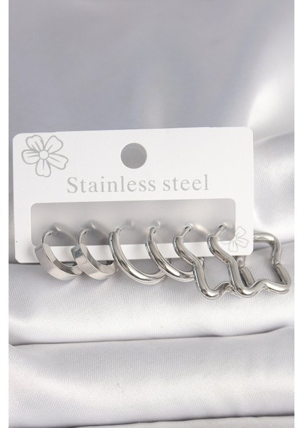 Bfs 316L Çelik Gümüş Renk Yarım Halka Yıldız Model Kadın Küpe Seti