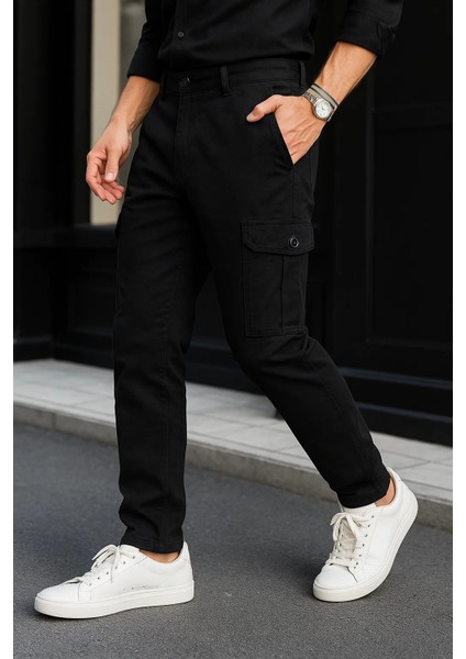 Erkek Günlük Trend Bol Paça Siyah Taktik Kargo Pantolon