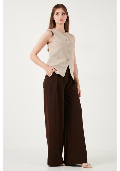 Pile Detaylı Wide Leg Yüksek Bel Geniş Paça Pantolon Bayan Pantolon 6522016