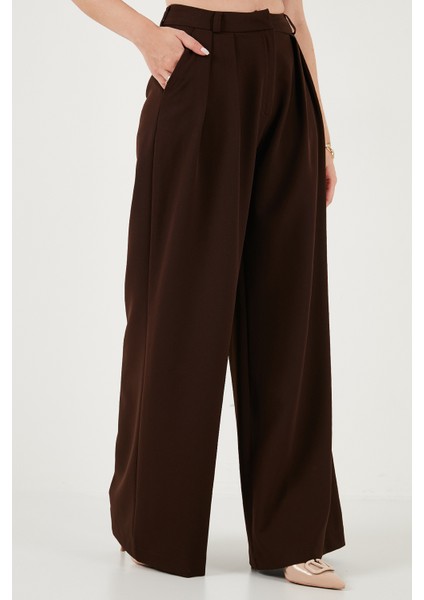 Pile Detaylı Wide Leg Yüksek Bel Geniş Paça Pantolon Bayan Pantolon 6522016 modelleri
