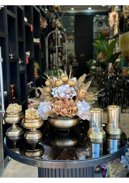 Yapay Çiçekli Antik Yassı Vazo 5 Parça Set No:5