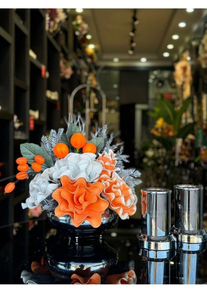 Yapay Çiçekli Gümüş Yassı Vazo 3 Parça Set No:15