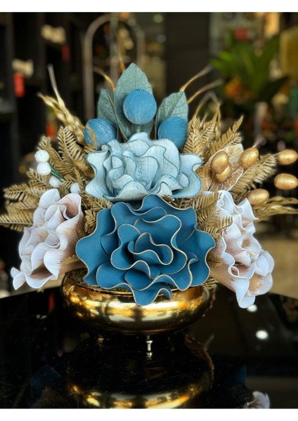 Yapay Çiçek Aranjmalı Gold Yassı Vazo No:17