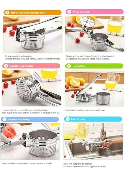 Home Paslanmaz Çelik Patates Püresi Presi, 3'ü 1 Arada Manuel Meyve ve Sebze Presi, Mutfakta Çok Yönlü Kullanım Için Patates ve Sebze Ezici fırsatları