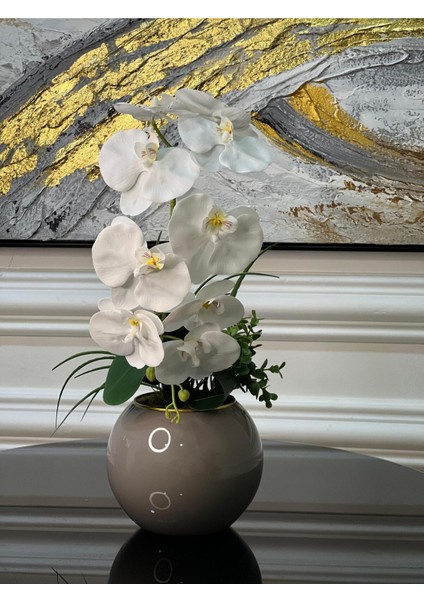 Yapay Orkideli Gri Cam Vazo