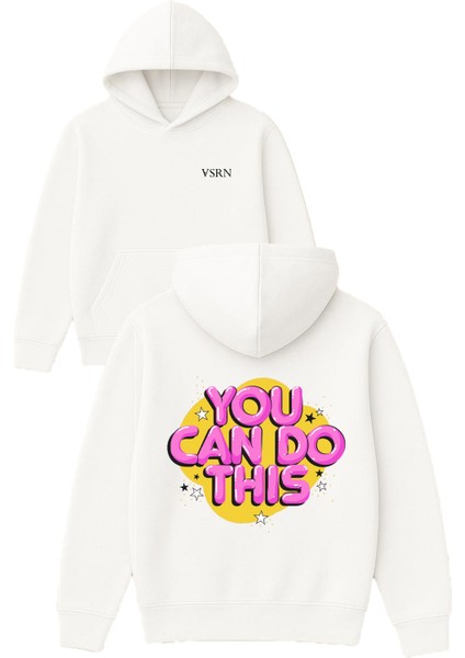 You Can Do Thıs Tasarım Baskılı Oversize Beyaz Kapüşonlu Sweatshirt