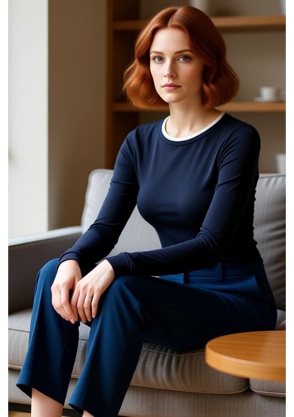 Kadın Uzun Kollu Bisiklet Yaka Esnek Fitilli Örme Üst Kaliteli Şık Rahat Modern Zarif Günlük