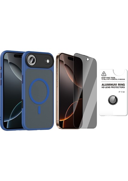 iPhone 17 Air Kılıf Mat Arka Yüzey Wireless Şarj Özellikli Zore Flet M-Safe Kapak + Safir Kamera Lens + Hayalet Ekran Koruyucu