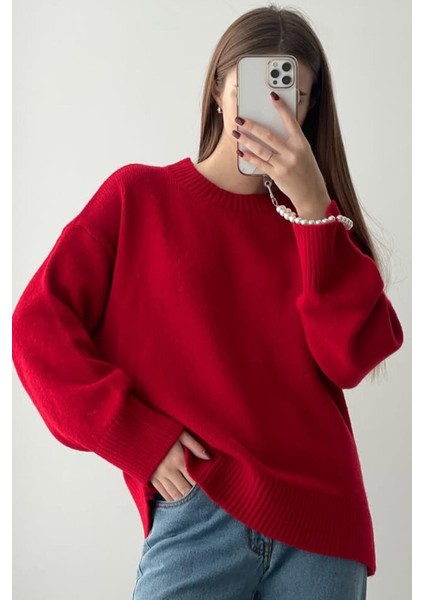 Kırmızı Bisiklet Yaka Yumuşak Dokulu Oversize Triko Kazak