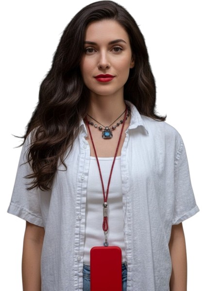 KIRMIZI TAŞLI TELEFON BOYUN ASKISI TÜM KILIFLARA UYUMLU