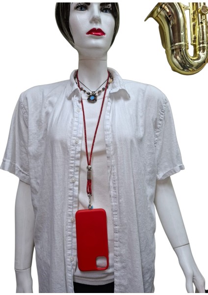 KIRMIZI TAŞLI TELEFON BOYUN ASKISI TÜM KILIFLARA UYUMLU