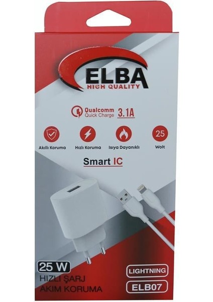 ELB07-USB-25WIOS Beyaz 25W USB Ev Şarj Kafa+ USB 1mt Lightning Kablo Qc4.0 Hızlı Şarj
