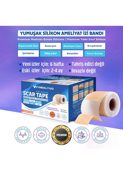 Soft Silikon Bant, Silikonlu Yara İzi Giderici Bandı 3m, Skar Ameliyat Sezeryan Yanık Cerrahi İzler için
