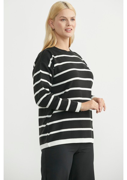 Çizgili Oversize Basic Triko Kazak - Siyah modelleri