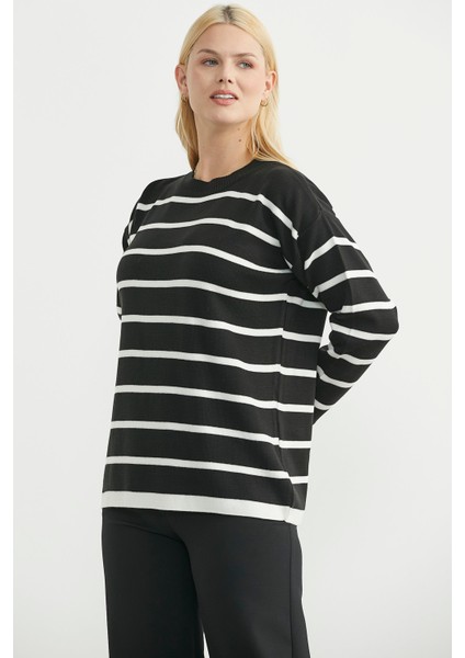 Çizgili Oversize Basic Triko Kazak - Siyah indirimleri