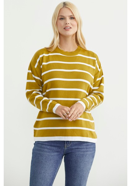 Çizgili Oversize Basic Triko Kazak - Zeytin Yeşil