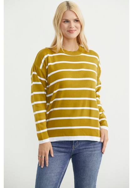 Çizgili Oversize Basic Triko Kazak - Zeytin Yeşil fiyatları