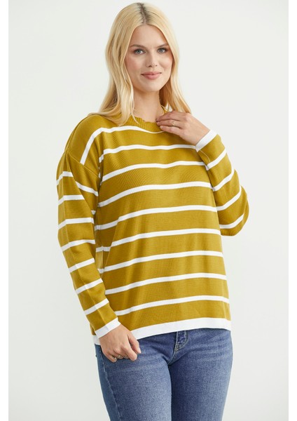 Çizgili Oversize Basic Triko Kazak - Zeytin Yeşil modelleri