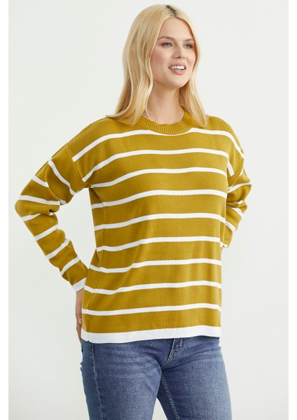 Çizgili Oversize Basic Triko Kazak - Zeytin Yeşil fırsatları