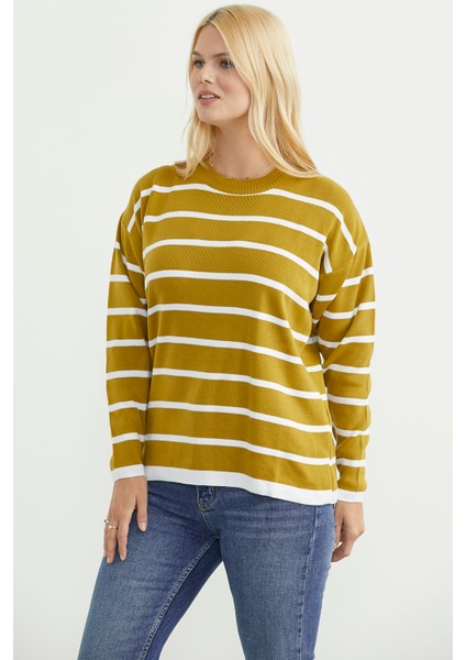 Çizgili Oversize Basic Triko Kazak - Zeytin Yeşil indirimleri