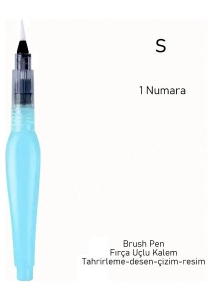 Fırça Uçlu, Brush Pen, Sulu Boya, Su ve Mürekkep Hazneli, Boyama Kalem Mavi-S Beden