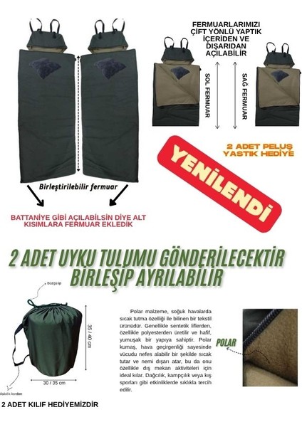 Çift Kişilik 2'Li Birleşebilir Haki Uyku Tulumu (-25 °c) Su Geçirmez Membranlı Kamp (2.15×1.50 M)