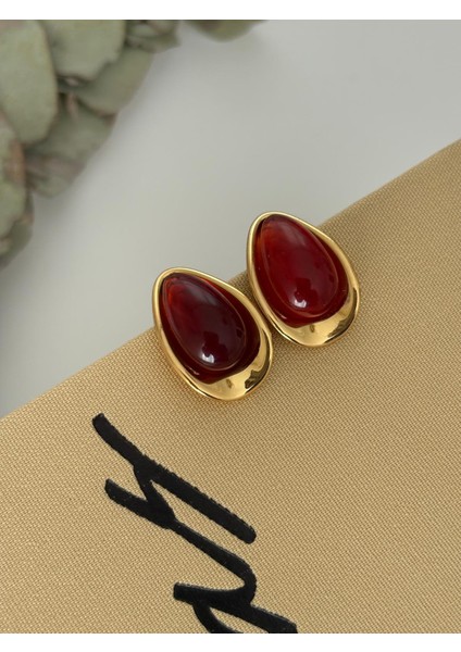 Vintage Damla Model Bordo Gold Çelik Küpe